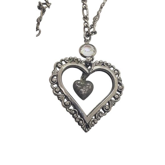 puffy heart Jewelry - Vintage Puffy Heart Necklace Silver Filigree Ornate Openwork Swarovski Crystal
